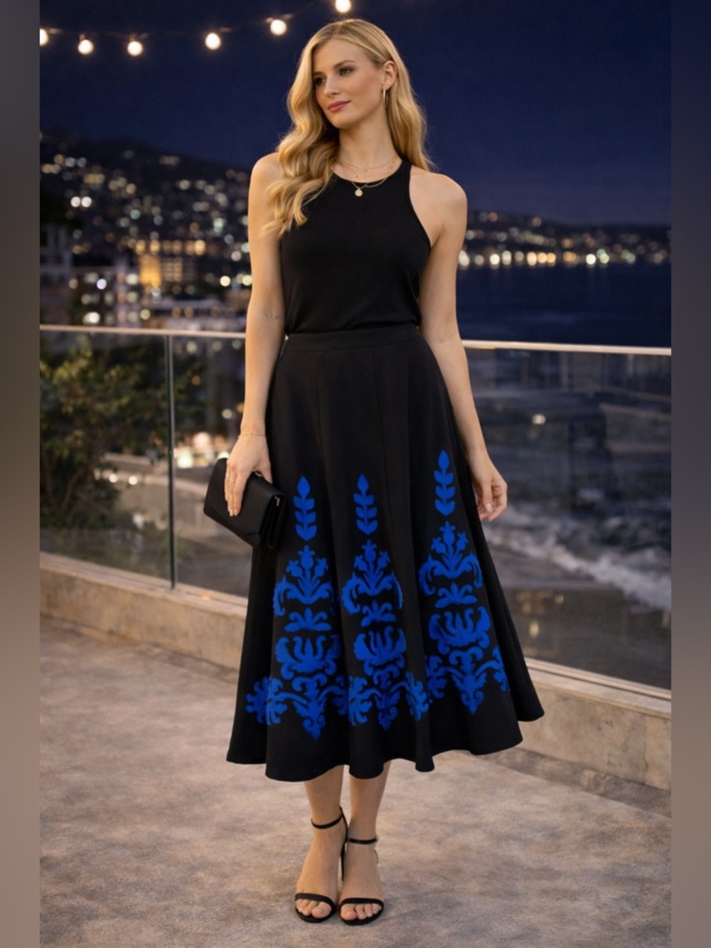 Sunny Leigh Black Midi Skirt 💙 Blue Embroidered A-Line Cocktail Event Evening